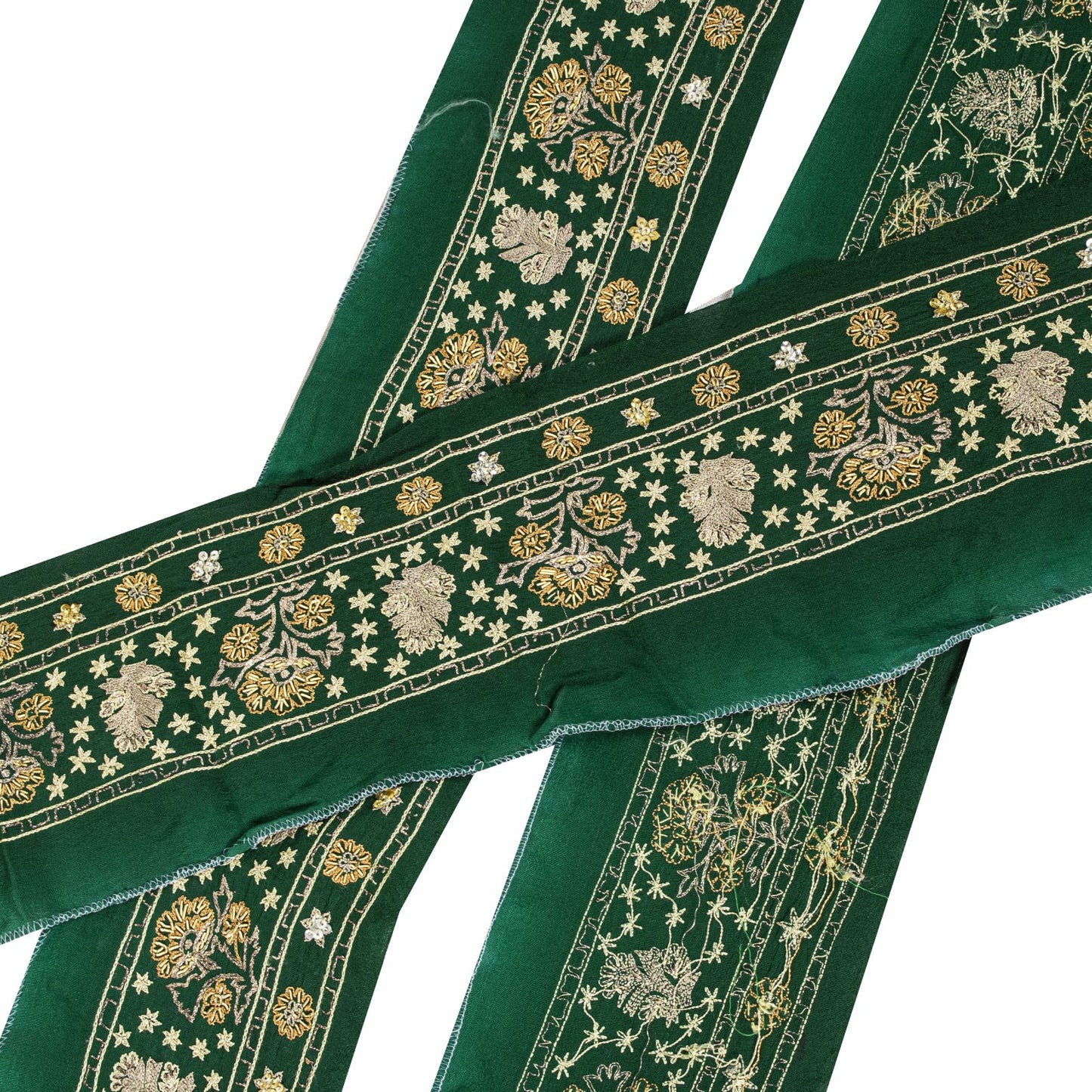 Sanskriti Vintage Green Pure Crepe 1 YD Sari Border Hand Embroidered Trim Lace