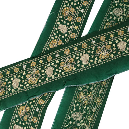 Sanskriti Vintage Green Pure Crepe 1 YD Sari Border Hand Embroidered Trim Lace
