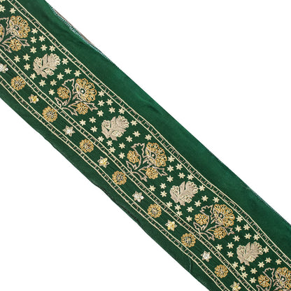Sanskriti Vintage Green Pure Crepe 1 YD Sari Border Hand Embroidered Trim Lace