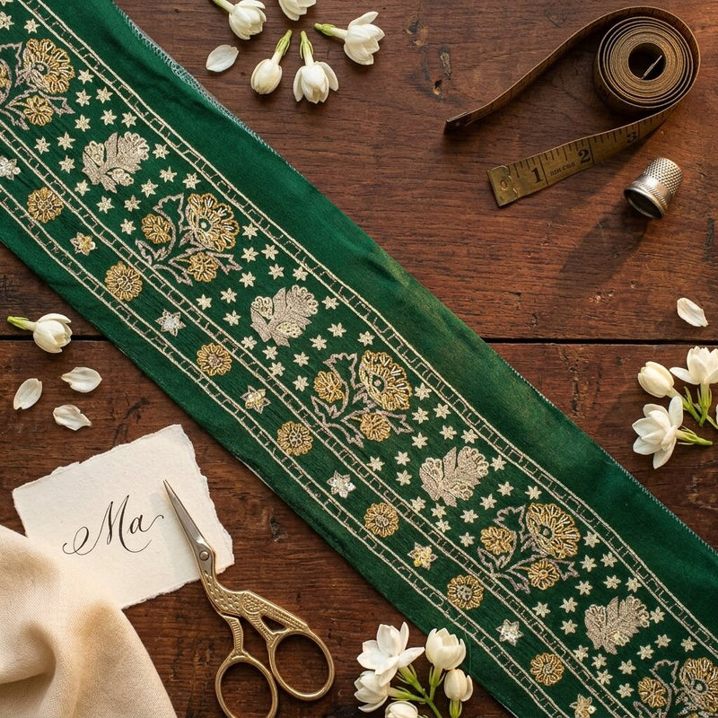 Sanskriti Vintage Green Pure Crepe 1 YD Sari Border Hand Embroidered Trim Lace