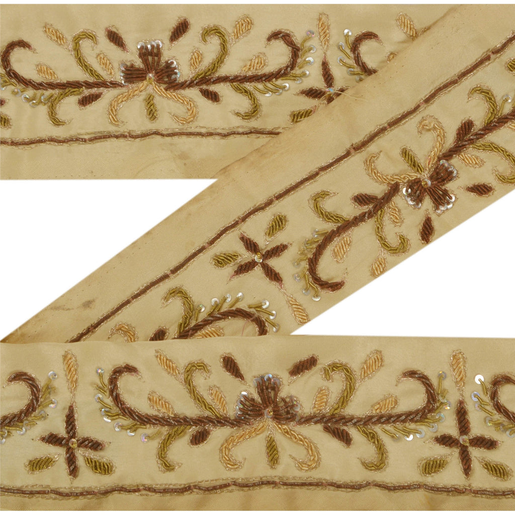 Sanskriti Vintage 1 Yd Sari Border Hand Beaded Trim Sewing Cream Craft Lace
