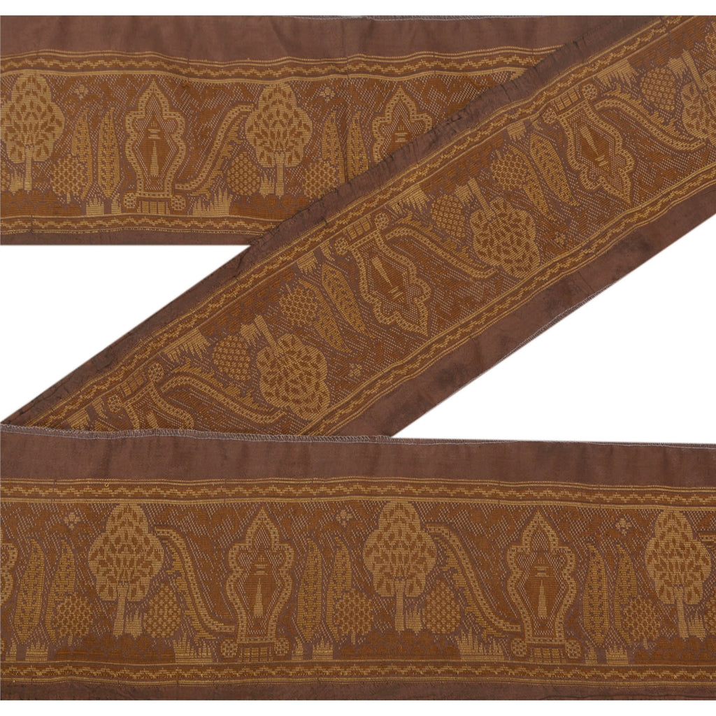 Sanskriti Vintage 1 YD Sari Sari Border Woven Trim Sewing Brown Craft Silk Lace