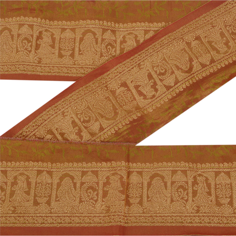 Sanskriti Vintage Saree 1 Yd Border Woven Baluchari Sarees Trim Sewing Green & Orange 2.5W Pure SIlk Sari Lace 2.5 W Ribbon