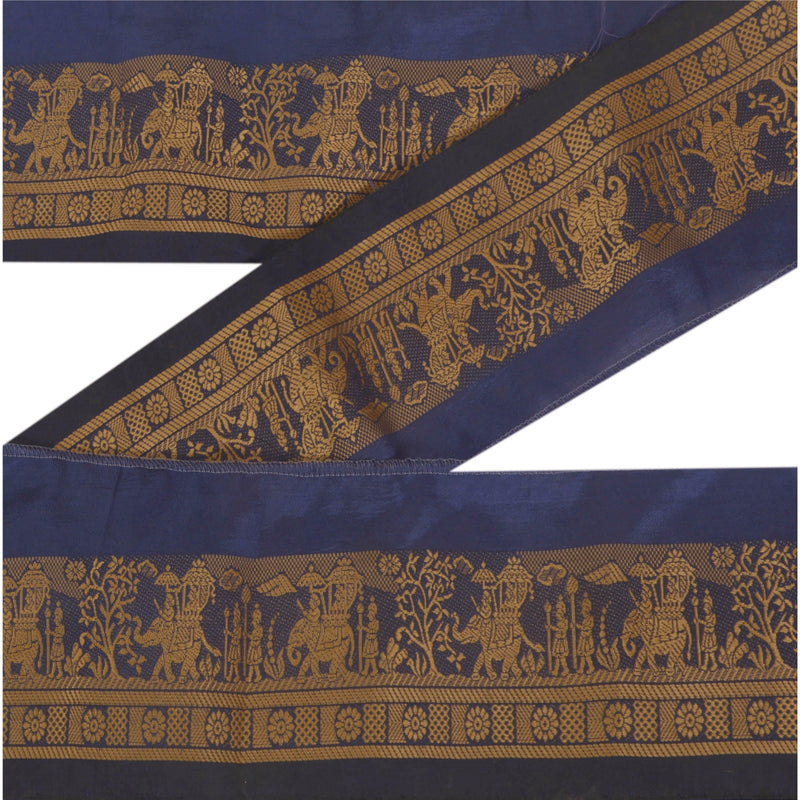 Sanskriti Vintage Sari/Saree 1 Yd Border Woven Baluchari Trim Sewing Blue Pure Silk Lace upholstery fabric