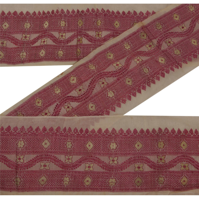 Sanskriti Vintage Cream Silk Sari Border: 1 Yard Zari Woven Trim upholstery fabric
