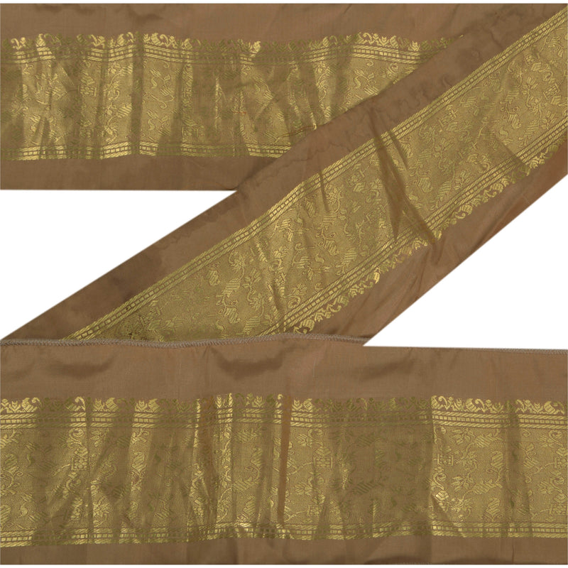 Sanskriti Vintage Silk Sari Border: Brown Woven Trim with Zari Lace (1 Yard)