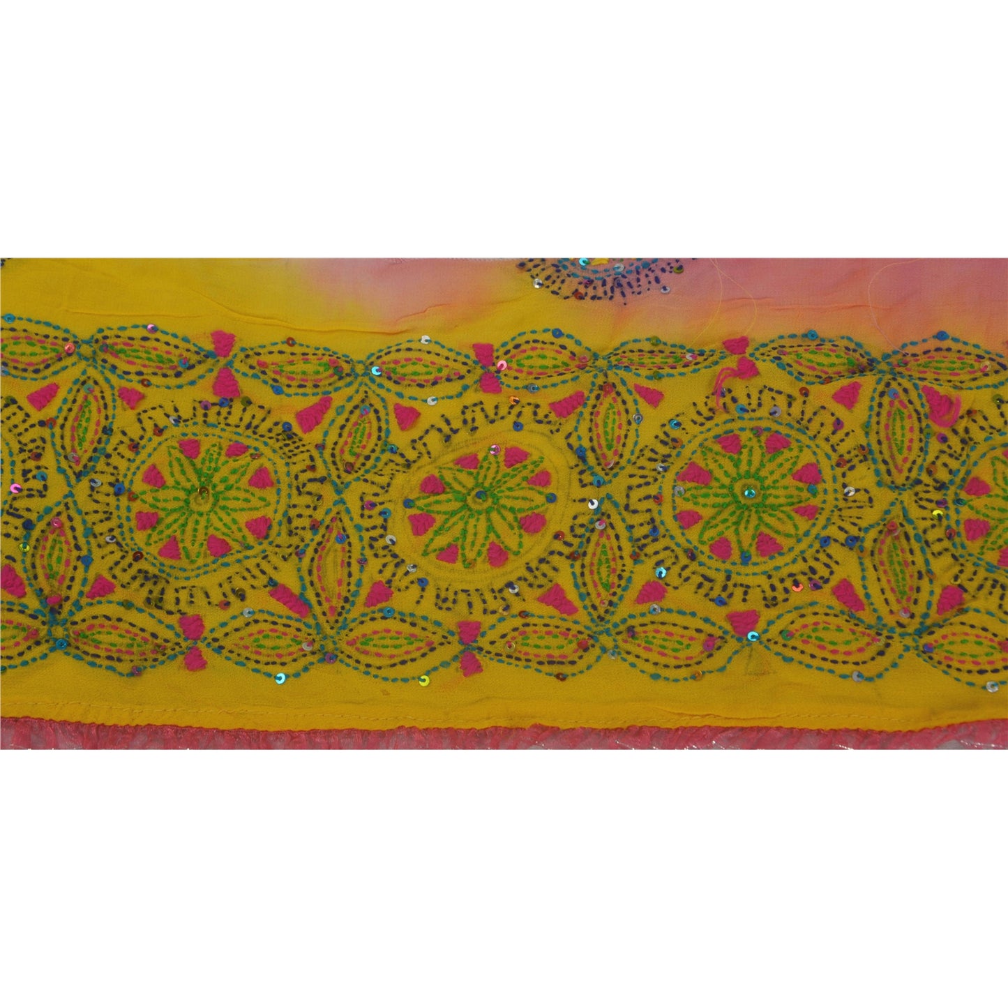Sanskriti Vintage 1 YD Kantha Sari Border Hand Beaded Trim Sewing Yellow Lace