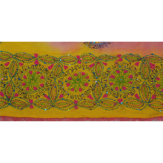 Sanskriti Vintage 1 YD Kantha Sari Border Hand Beaded Trim Sewing Yellow Lace