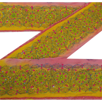 Sanskriti Vintage 1 YD Kantha Sari Border Hand Beaded Trim Sewing Yellow Lace