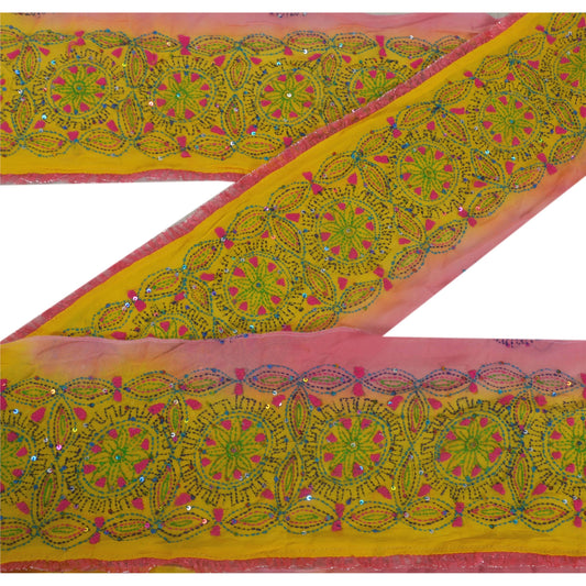 Sanskriti Vintage 1 YD Kantha Sari Border Hand Beaded Trim Sewing Yellow Lace