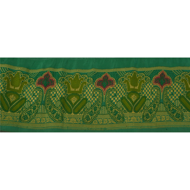 Sanskriti Vintage Silk Sari Border: Green Woven Trim, Floral Paisley Lace by upholstery fabric
