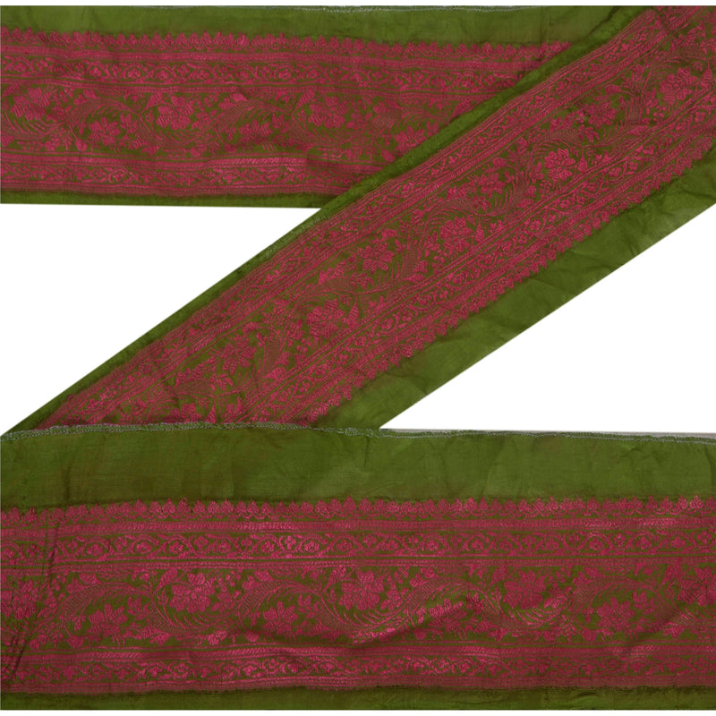 Sanskriti Vintage Silk Saree Border: Green Indian Woven Trim, Floral Lace upholstery fabric