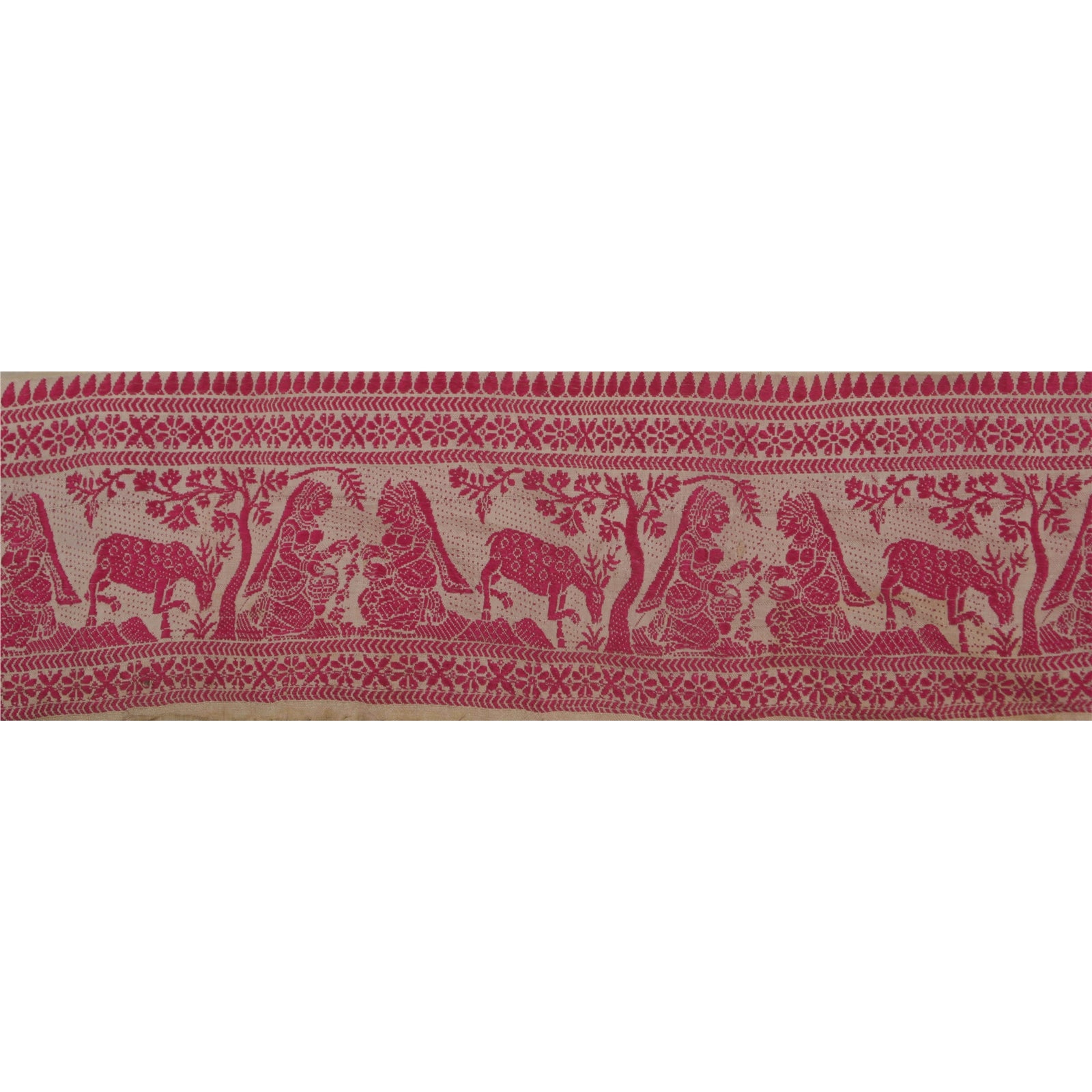 Sanskriti Vintage 1Yd Sari Border Antique Woven Baluchari Trim Sewing Cream Lace