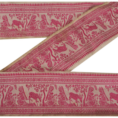 Sanskriti Vintage 1Yd Sari Border Antique Woven Baluchari Trim Sewing Cream Lace