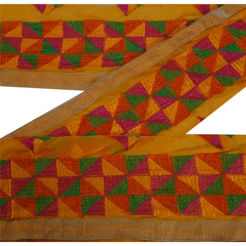Sanskriti Vintage Yellow Chiffon Silk Sari Border: Embroidered Bagh Phulkari Lace (1 Yard) upholstery fabric