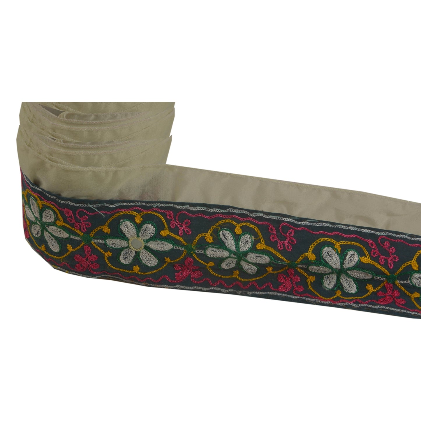 Sanskriti Vintage Ari Work Sari Border Craft Cream Trim Hand Embroided 1Yd Lace