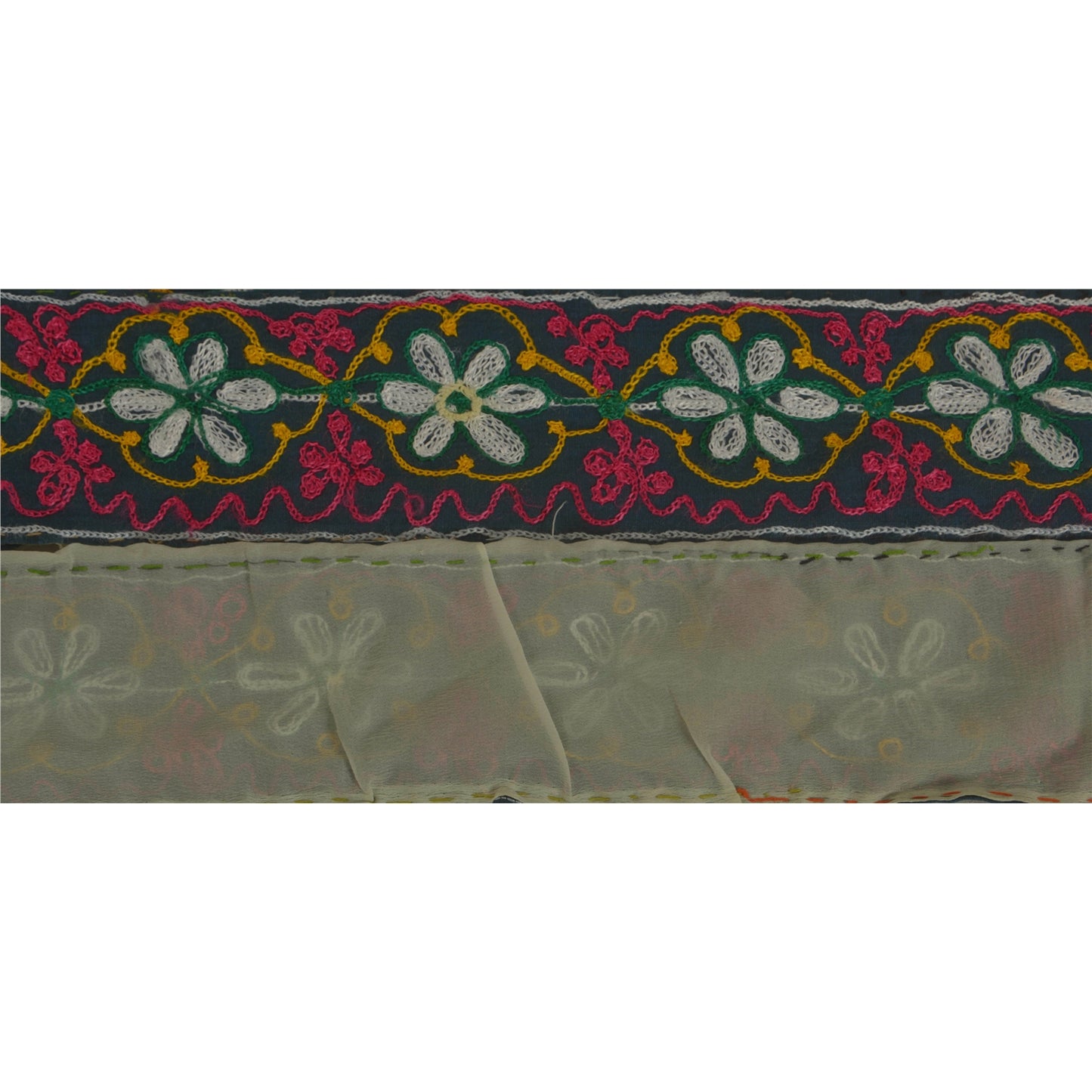 Sanskriti Vintage Ari Work Sari Border Craft Cream Trim Hand Embroided 1Yd Lace