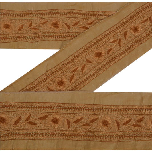 Sanskriti Vintage Sari Border Craft Brown Trim Hand Embroidered Sewing Lace 1 YD