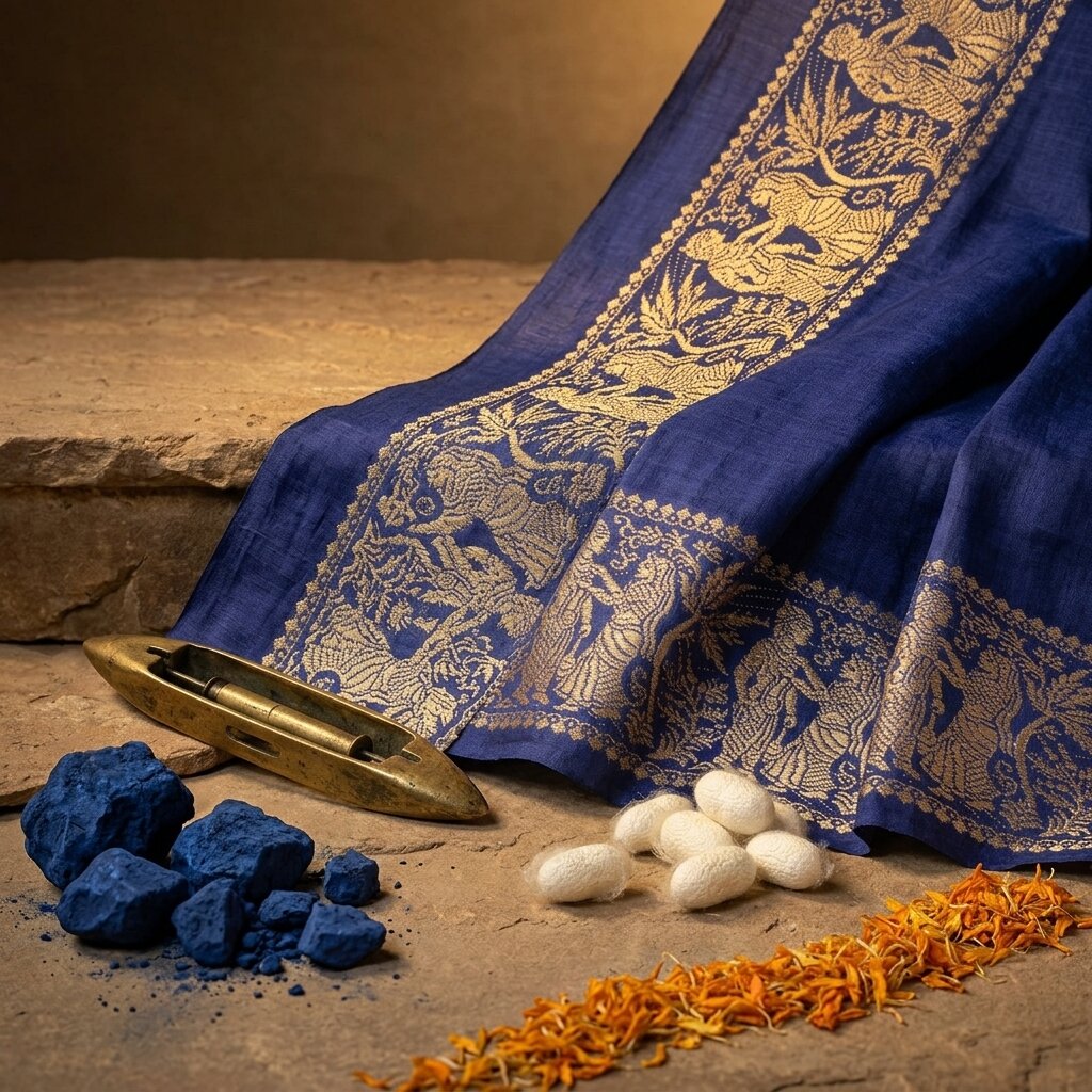 Sanskriti Vintage 1YD 4"W Sari Border Blue Pure Cotton Baluchari WovenCraft Lace