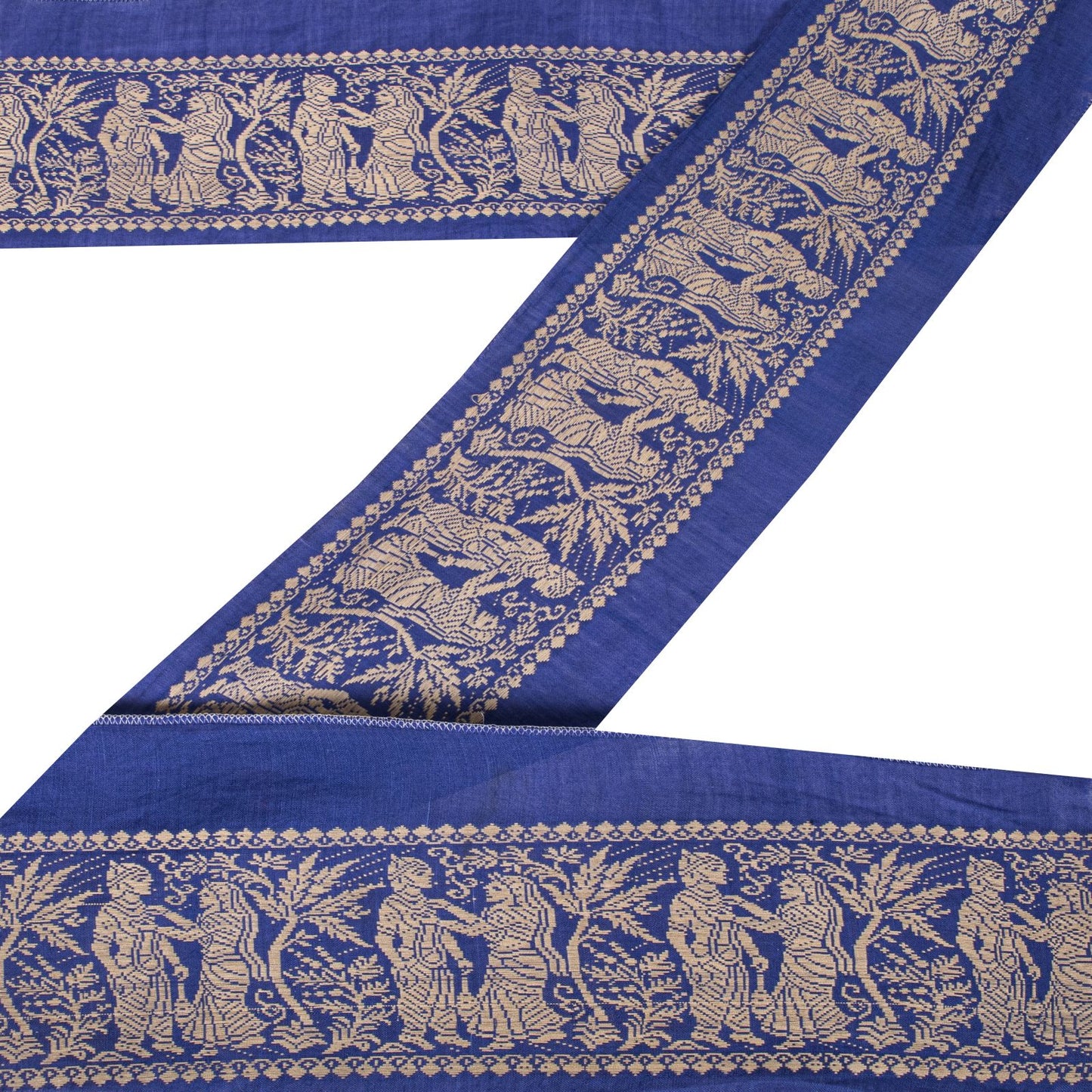 Sanskriti Vintage 1YD 4"W Sari Border Blue Pure Cotton Baluchari WovenCraft Lace