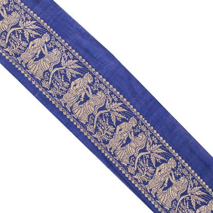 Sanskriti Vintage 1YD 4"W Sari Border Blue Pure Cotton Baluchari WovenCraft Lace