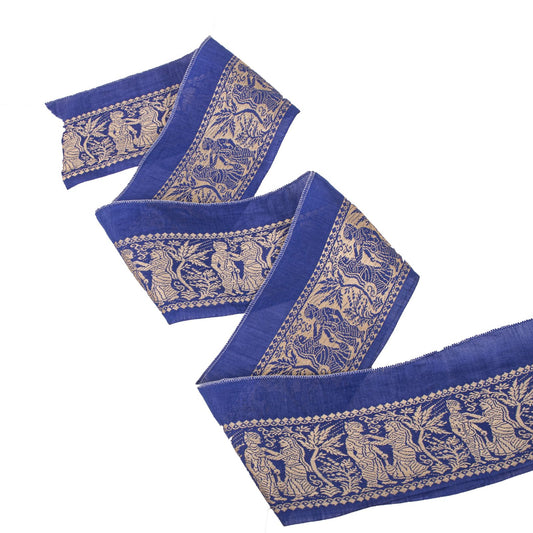 Sanskriti Vintage 1YD 4"W Sari Border Blue Pure Cotton Baluchari WovenCraft Lace