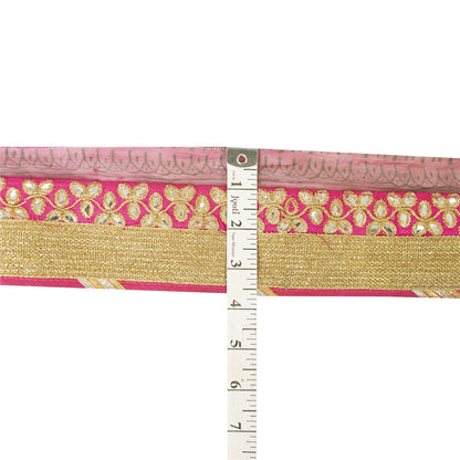 Sanskriti Vintage Sari Border 1 Yard Pink Trim Embroidered Thread Mirror Lace