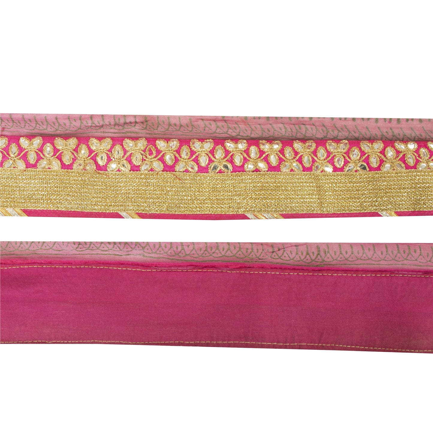 Sanskriti Vintage Sari Border 1 Yard Pink Trim Embroidered Thread Mirror Lace