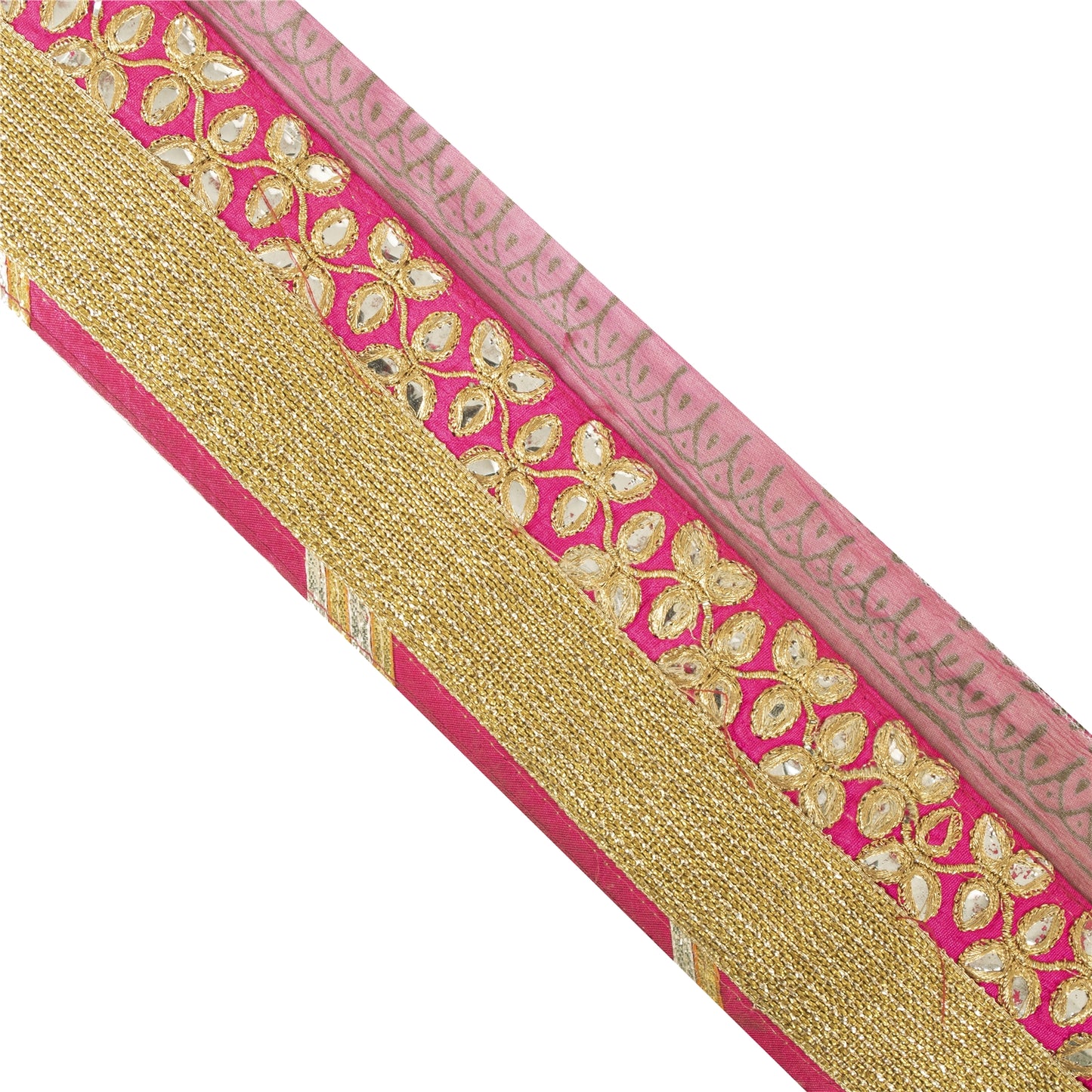 Sanskriti Vintage Sari Border 1 Yard Pink Trim Embroidered Thread Mirror Lace