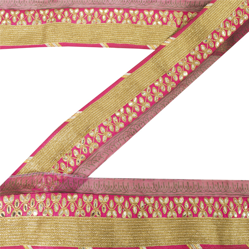 Sanskriti Vintage Saree/Sari Border 1 Yard Pink Trim Embroidered Thread Mirror Saree Art Silk 3.6W Lace upholstery fabric
