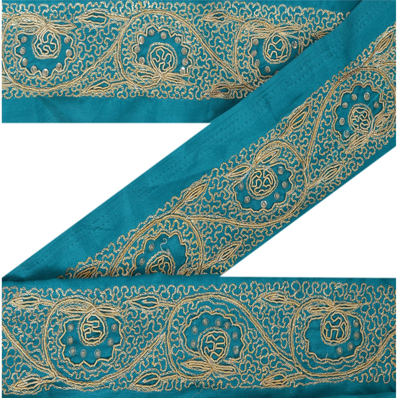 Sanskriti Vintage Green Art Silk Sari Border: Hand Beaded Zardozi Trim, 1 Yard upholstery fabric
