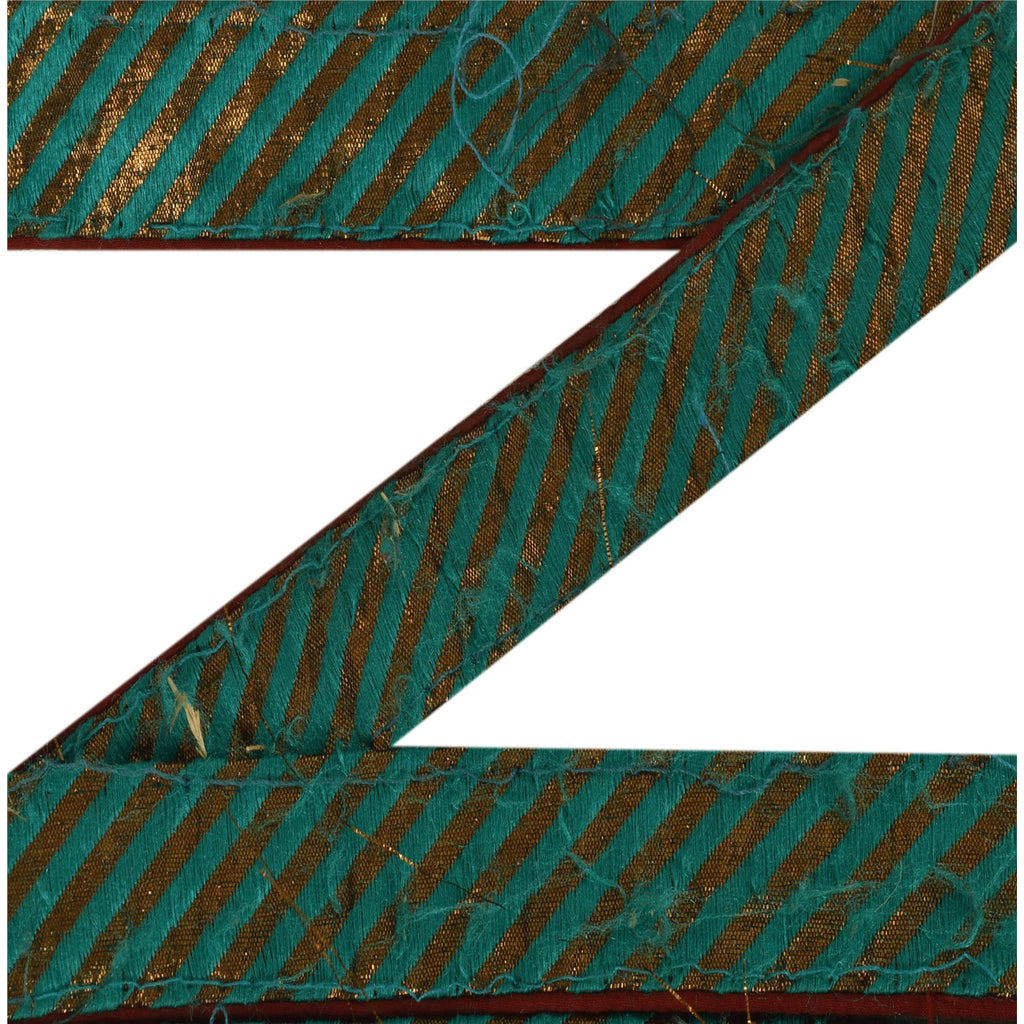 Sanskriti Vintage Golden & Green Sari Border Woven 1 YARD Craft Trim Ribbon Lace