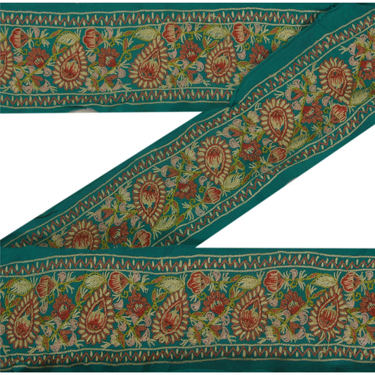 Sanskriti Vintage Sari Border Craft Green Trim Hand Embroidered Sewing 1 YD Lace