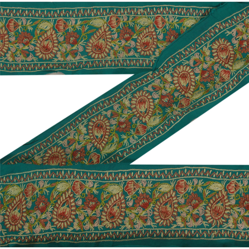 Sanskriti Vintage Green Crepe Silk Sari Border: Hand Embroidered Floral Trim, 1 Yard upholstery fabric