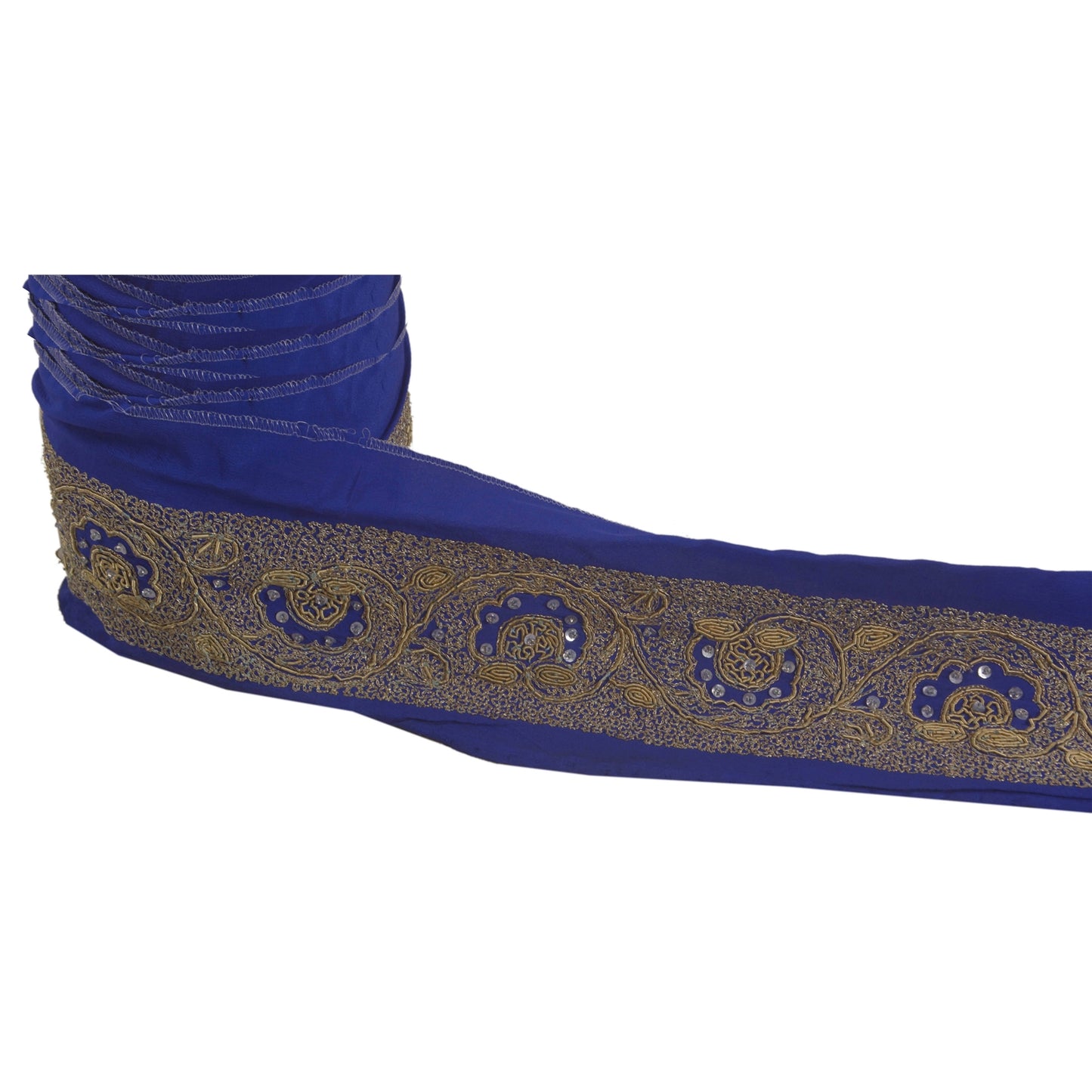 Sanskriti Vintage Blue Sari Border Hand Beaded Indian Craft Trim 1 Yd Lace