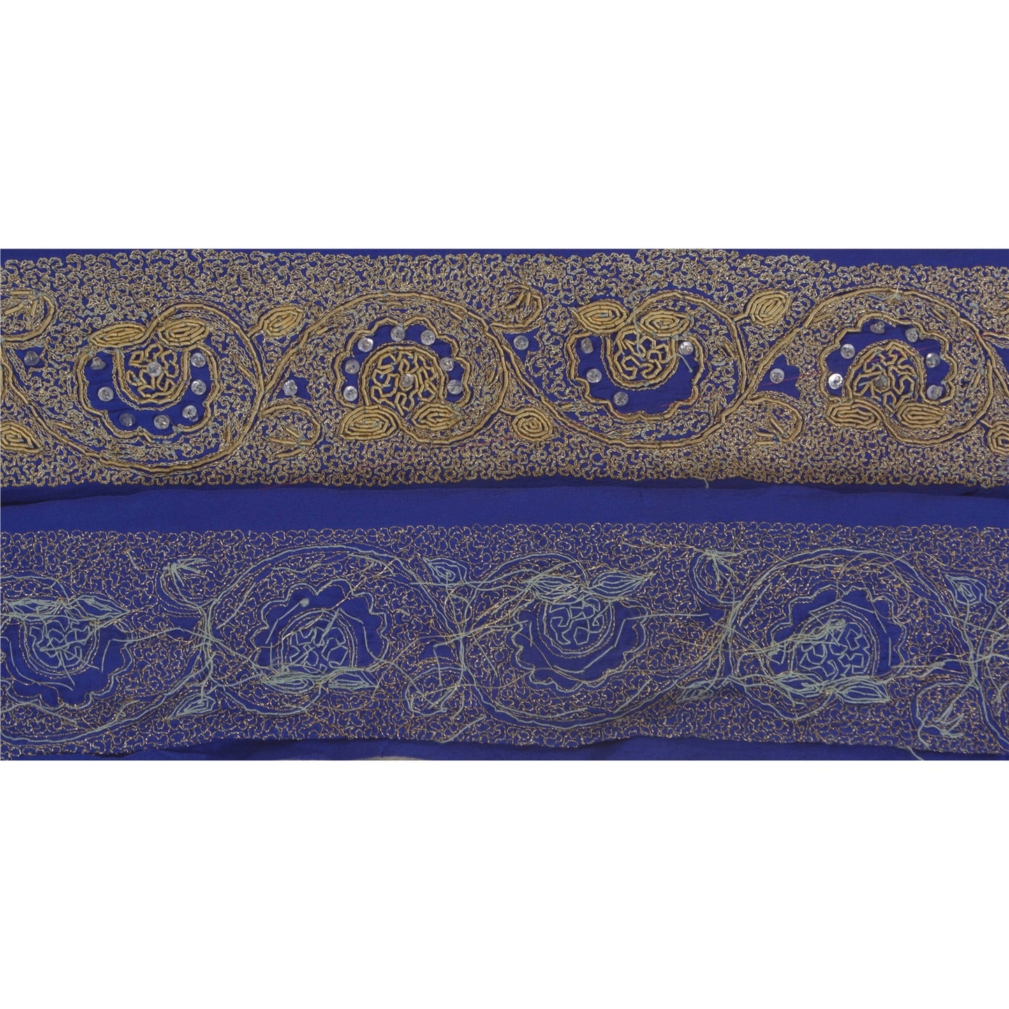 Sanskriti Vintage Blue Sari Border Hand Beaded Indian Craft Trim 1 Yd Lace