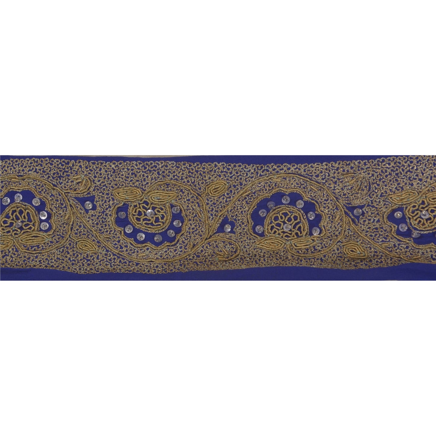 Sanskriti Vintage Blue Sari Border Hand Beaded Indian Craft Trim 1 Yd Lace