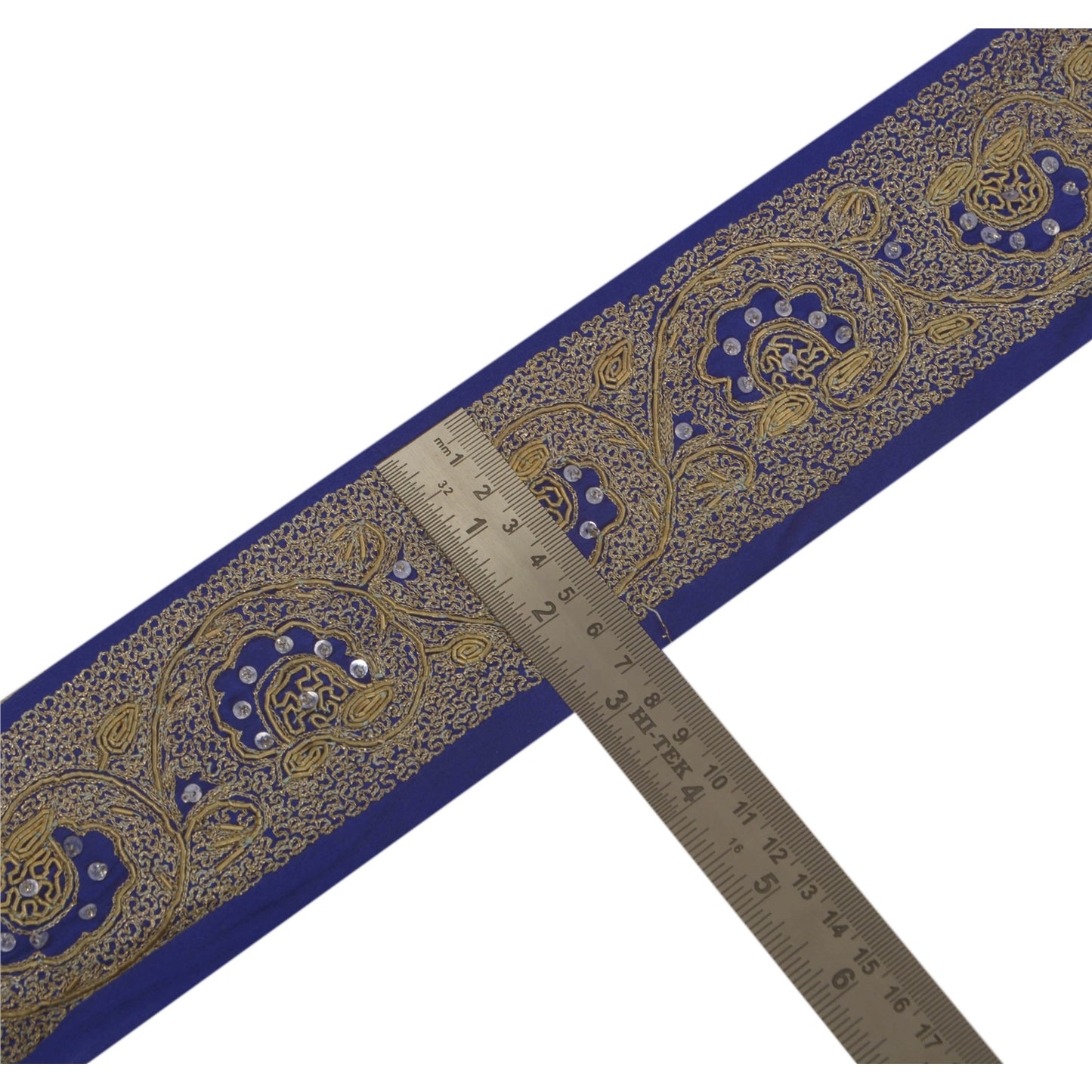 Sanskriti Vintage Blue Sari Border Hand Beaded Indian Craft Trim 1 Yd Lace