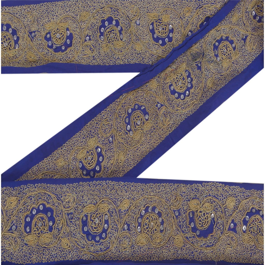 Sanskriti Vintage Blue Sari Border Hand Beaded Indian Craft Trim 1 Yd Lace