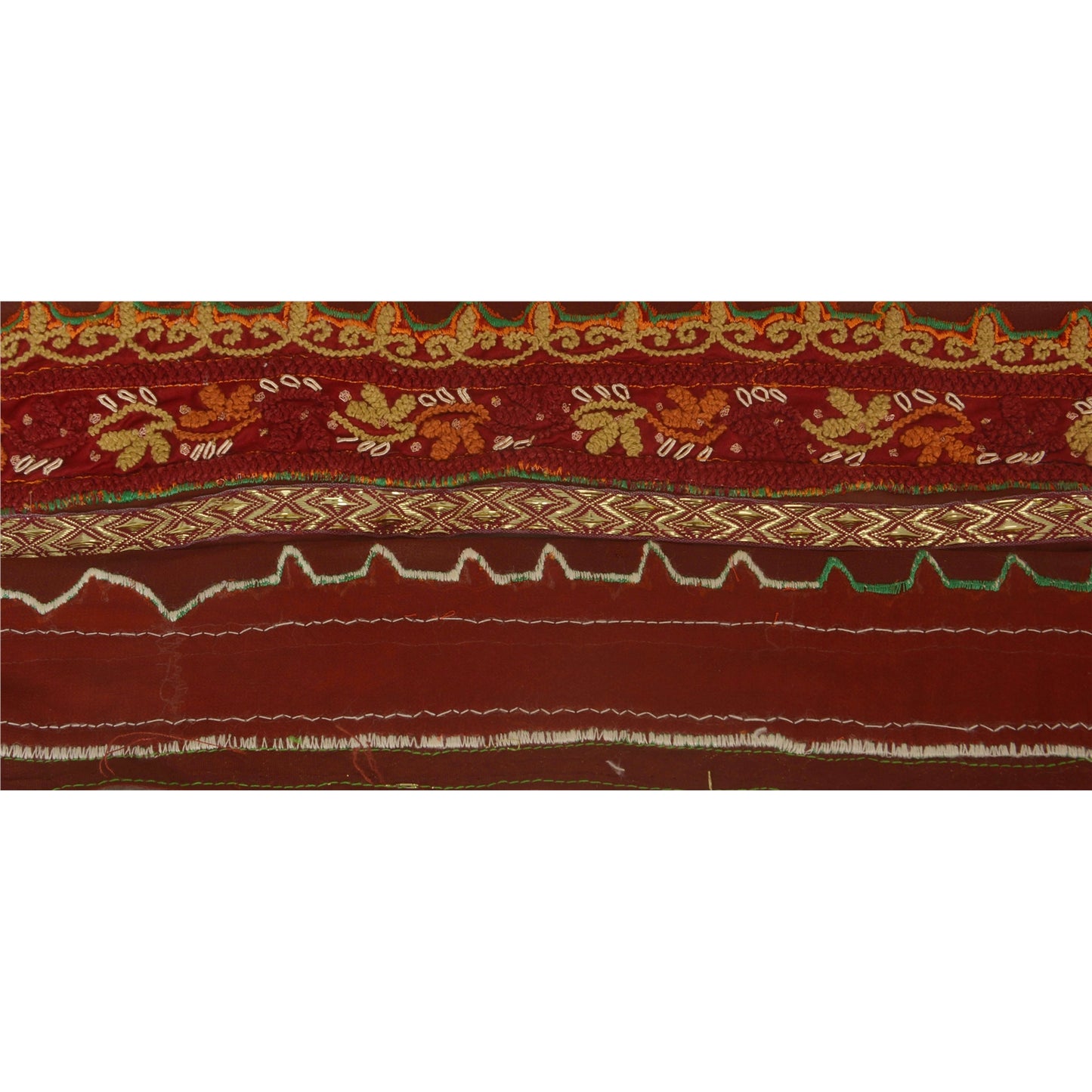 Sanskriti Vintage Sari Border Craft Dark Red Trim Hand Embroidered 1 Yd Lace
