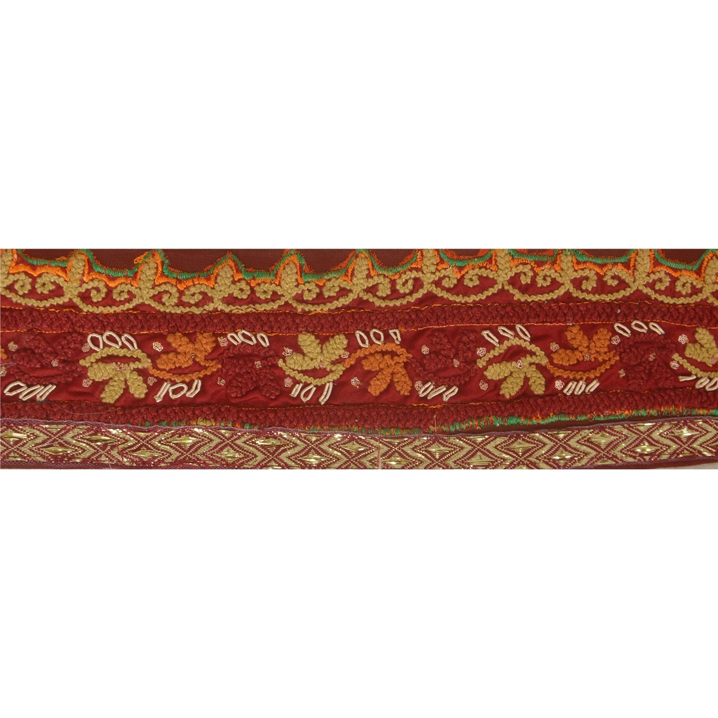 Sanskriti Vintage Sari Border Craft Dark Red Trim Hand Embroidered 1 Yd Lace