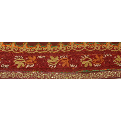 Sanskriti Vintage Sari Border Craft Dark Red Trim Hand Embroidered 1 Yd Lace