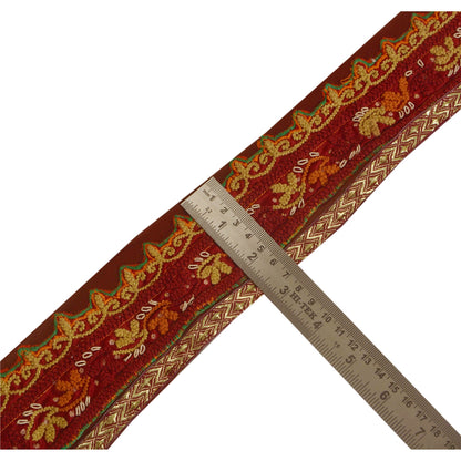 Sanskriti Vintage Sari Border Craft Dark Red Trim Hand Embroidered 1 Yd Lace
