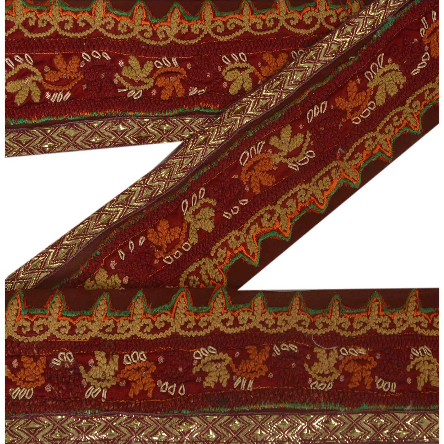 Sanskriti Vintage Sari Border Craft Dark Red Trim Hand Embroidered 1 Yd Lace