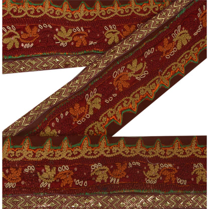 Sanskriti Vintage Sari Border Craft Dark Red Trim Hand Embroidered 1 Yd Lace