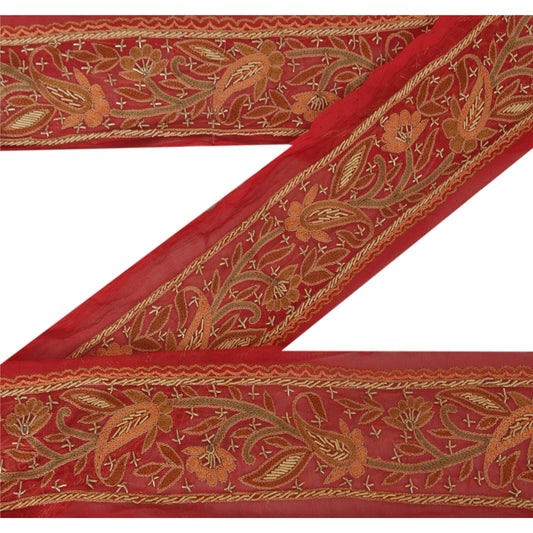 Sanskriti Vintage Sari Border Craft Red Trim Hand Embroidered 1 Yd Zardozi Lace