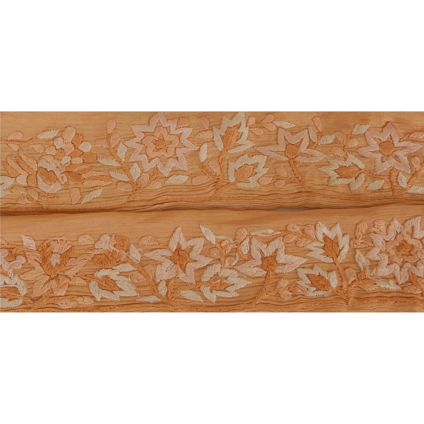 Sanskriti Vintage Parsee Sari Border Craft Peach Trim Hand Embroidered 1 Yd Lace