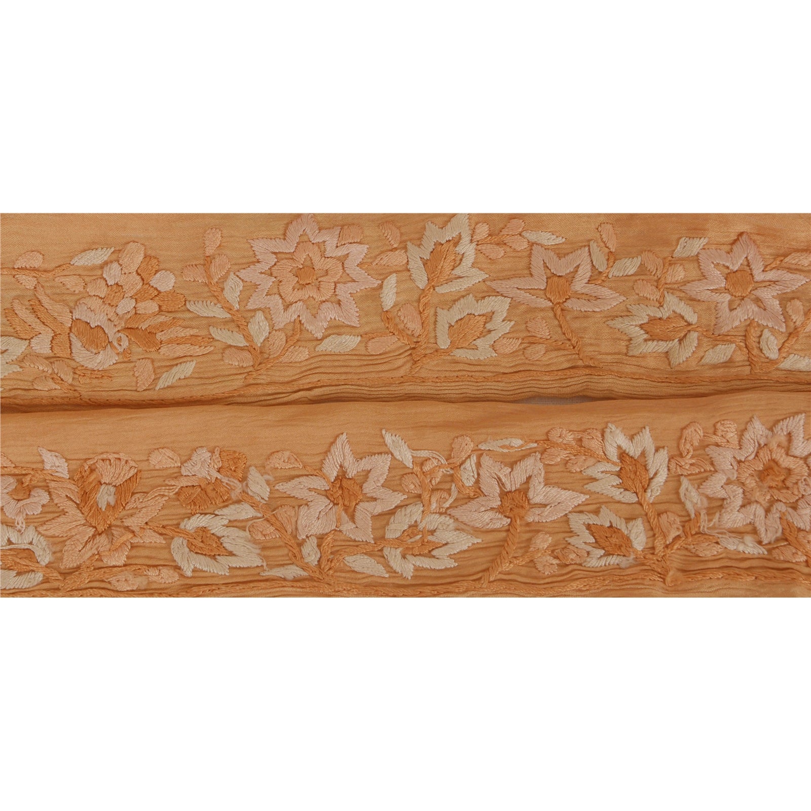 Sanskriti Vintage Parsee Sari Border Craft Peach Trim Hand Embroidered 1 Yd Lace