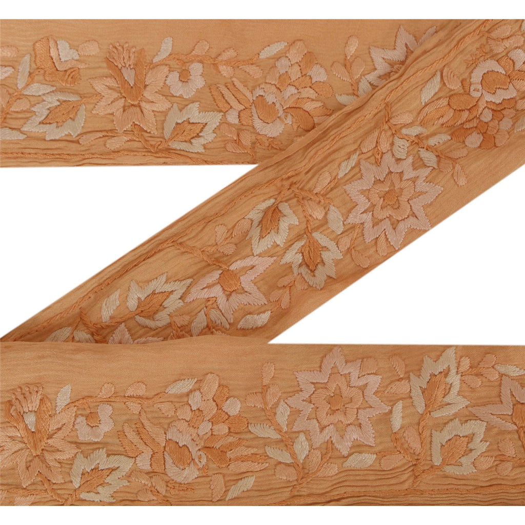 Sanskriti Vintage Parsee Sari Border Craft Peach Trim Hand Embroidered 1 Yd Lace