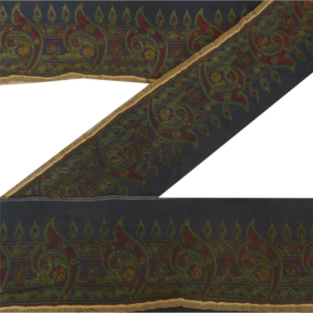 Sanskriti Vintage Sari Border Craft Blue Trim Embroidered 1 Yd Sewing Lace